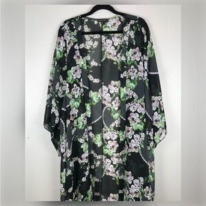 Curvy Sense Black With Pink & Sage Floral Shark Bite Sheer Kimono Duster 2X